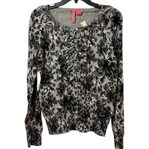 Charlotte Sweater Black/Grey Cardigan‎ Ruffle Decorative Buttons in Size XL. NWT